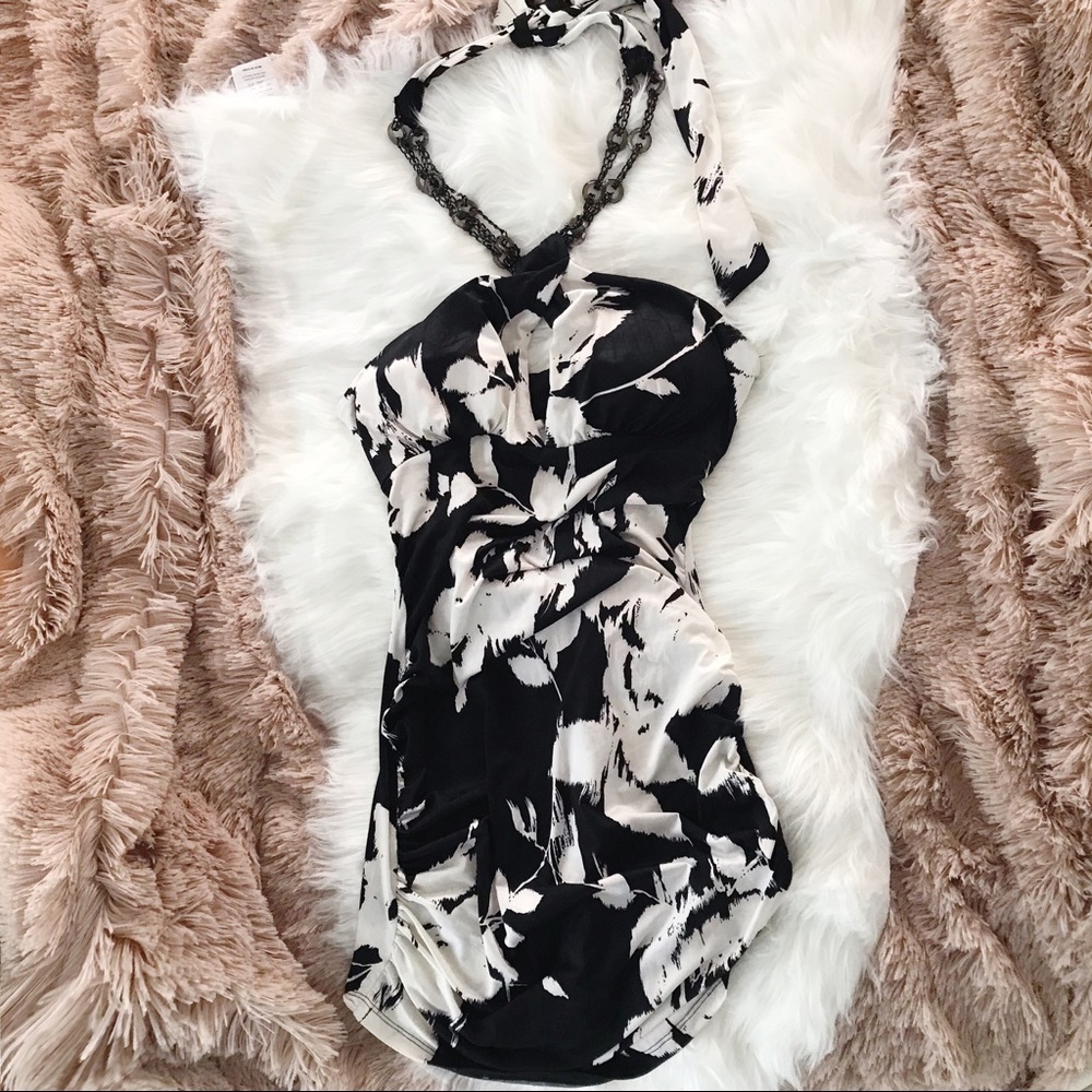 Black and White Floral Beaded Halter Mini Dress